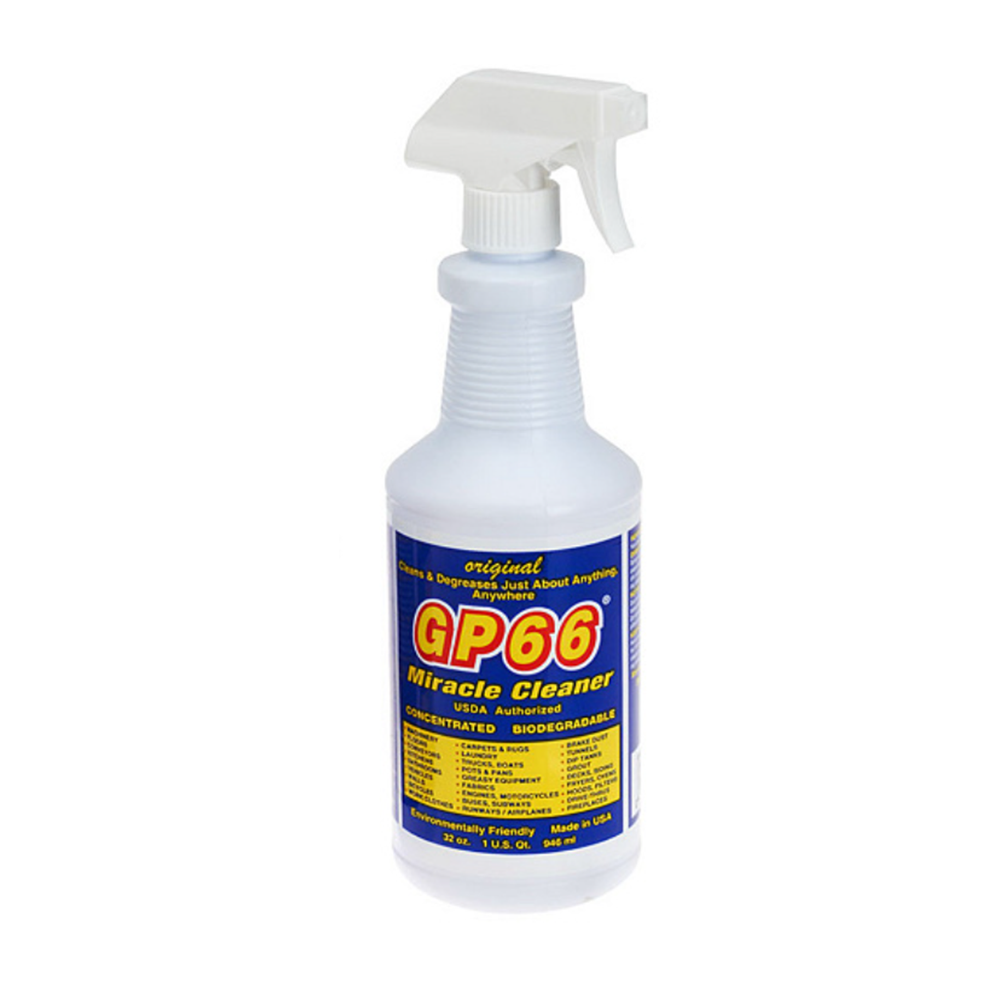 GP66 miracle cleaner super size from GP66  one quart cleans and degreases the toughest dirt, grease, and grime from just about anything anywhere in your kitchen, bath, and laundry! Made in USA